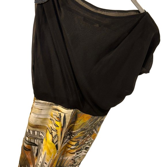 Black Halo earthy Tropical reeds FALL gold asymmetrical sleeve dress S AS NEW - Picture 5 of 5